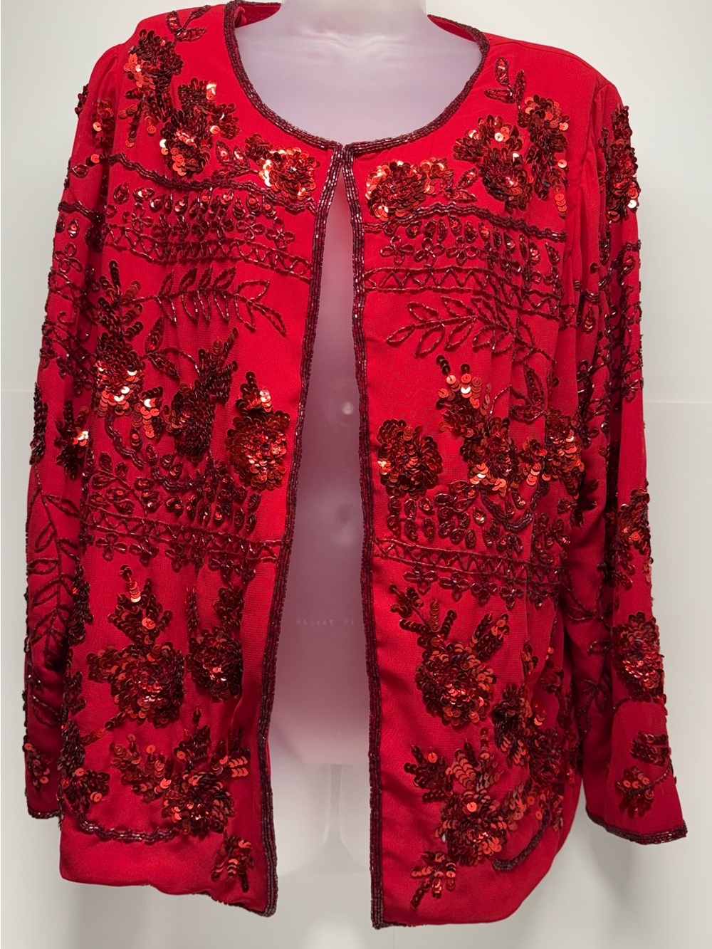 Red Sequin Floral Embellished Open-Front Jacket